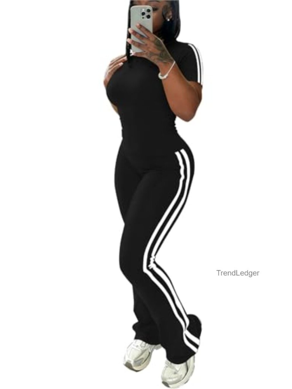 2 Piece Sweatsuit Set Slim Fit Short Sleeve Top Flare Pants Striped Lounge